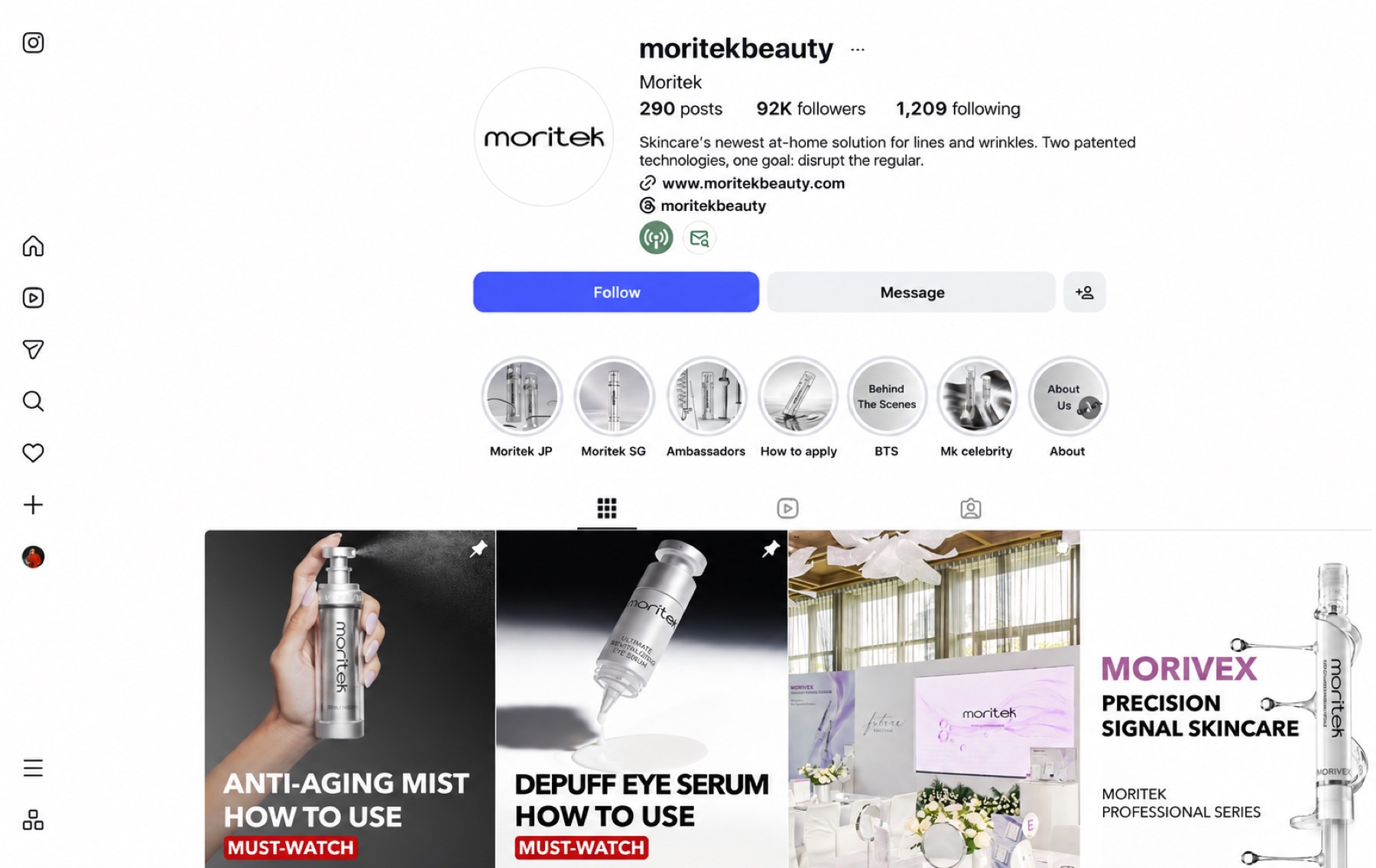English Moritek Instagram profile showing 92K followers and product content
